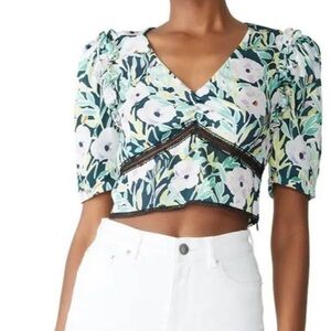 SAYLOR Marine Black and White/ Floral Puff Sleeve Blouse size Small